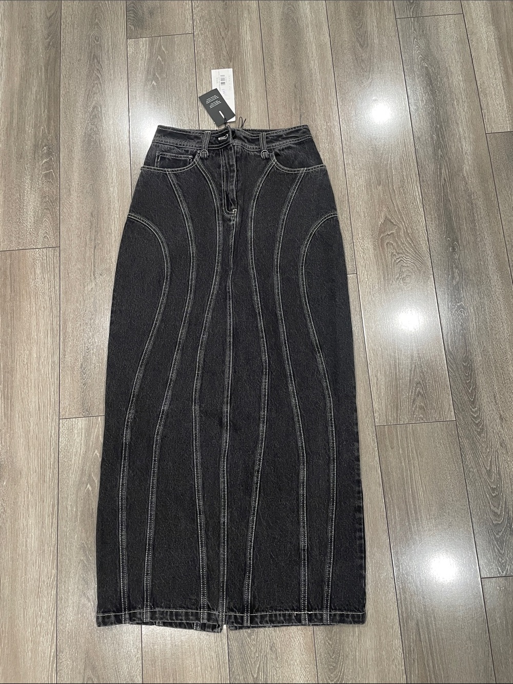 Acler Black Contrasting-Stitch Maxi Denim Skirt